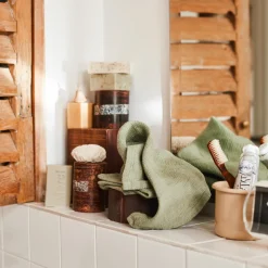 200 LINTEX Maison De Campagne|Salle De Bain : Esprit Japonais-Serviette de bain invité en lin - Nid d'abeille - Vert Komorebi