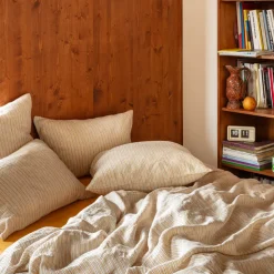 200 LINTEX Taies D'oreiller-Taie d'oreiller en lin lavé - Rayures Jaune Asahi