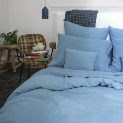 200 LINTEX Taies D'oreiller-Taie d'oreiller en lin lavé - Bleu Azur