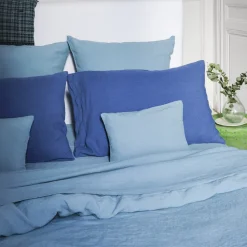 200 LINTEX Taies D'oreiller-Taie d'oreiller en lin lavé - Bleu Azur