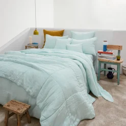 200 LINTEX Taies D'oreiller-Taie d'oreiller en lin lavé - Bleu Antiparos