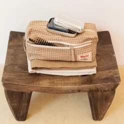 200 LINTEX L'esprit Merci|Trousses De Toilette-Trousse de toilette en lin lavé - Carreaux Brun Cha Iro