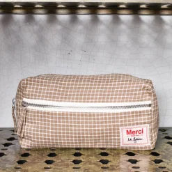 200 LINTEX L'esprit Merci|Trousses De Toilette-Trousse de toilette en lin lavé - Carreaux Brun Cha Iro