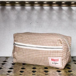 200 LINTEX L'esprit Merci|Trousses De Toilette-Trousse de toilette en lin lavé - Carreaux Brun Cha Iro