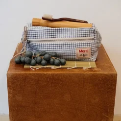 200 LINTEX L'esprit Merci|Trousses De Toilette-Trousse de toilette en lin lavé - Carreaux Bleu Shibori