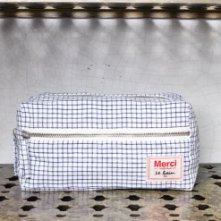 200 LINTEX L'esprit Merci|Trousses De Toilette-Trousse de toilette en lin lavé - Carreaux Bleu Shibori