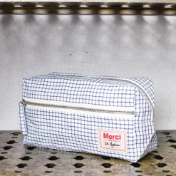 200 LINTEX L'esprit Merci|Trousses De Toilette-Trousse de toilette en lin lavé - Carreaux Bleu Shibori