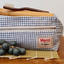 200 LINTEX L'esprit Merci|Trousses De Toilette-Trousse de toilette en lin lavé - Carreaux Bleu Shibori