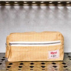 200 LINTEX L'esprit Merci|Trousses De Toilette-Trousse de toilette en lin lavé - Carreaux Jaune Asahi